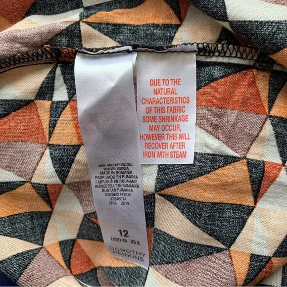 Dorothy Perkins Shirt Dress Orange Black Geometric Print Belted Rolled Sleeve 12 - Picture 10 of 13